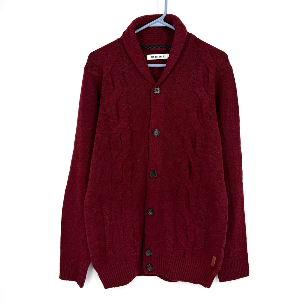Ben Sherman Burgundy Wool Cable Knit Shawl Collar Cardigan Sweater Grandpacore L